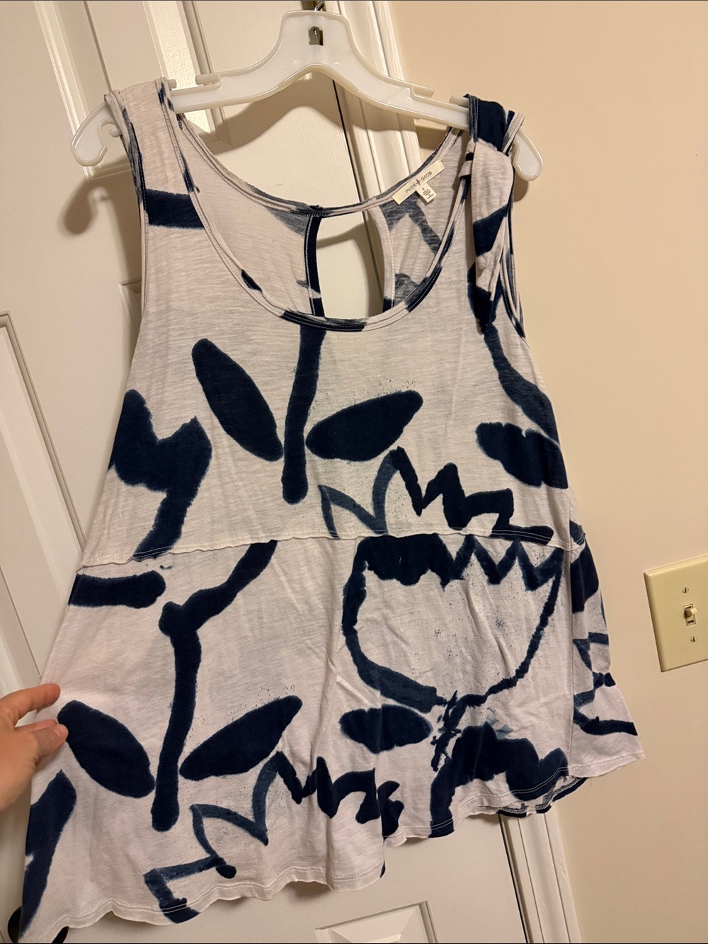 Anthropologie White Tank Top with Navy Floral Print